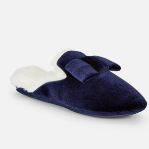 NWT Charter Club Blue Velvet Bow Memory Foam Faux Sherpa Slippers M size 7-8